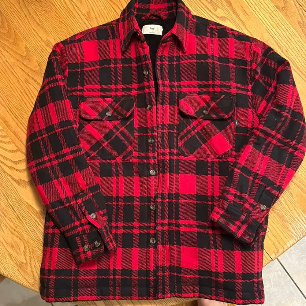 Tna Buffalo Plaid Shacket with faux fur lining